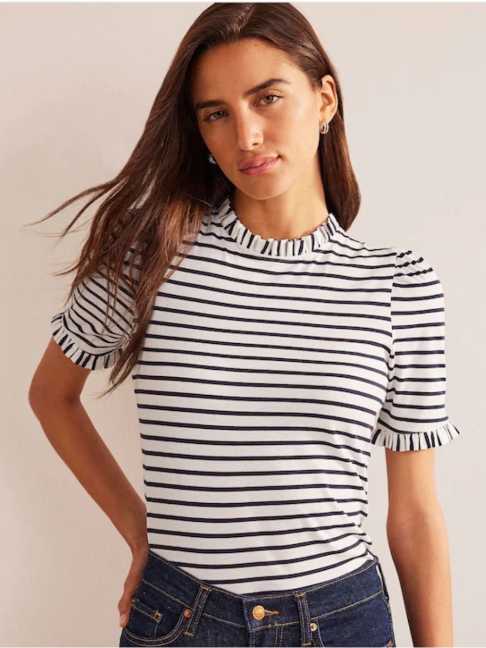Boden Cream Supersoft Frill Detail T-Shirt (US 12)